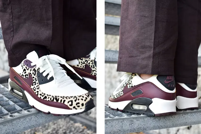 Эти пикантные кроссовки Nike Air Max 90 «Deep Burgundy Leopard» - уже третья расцветка с леопардовым принтом в этом году