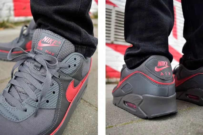 Кроссовки Nike Air Max 90 Premium «Iron Grey University Red» сочетают в себе серый цвет и красные детали