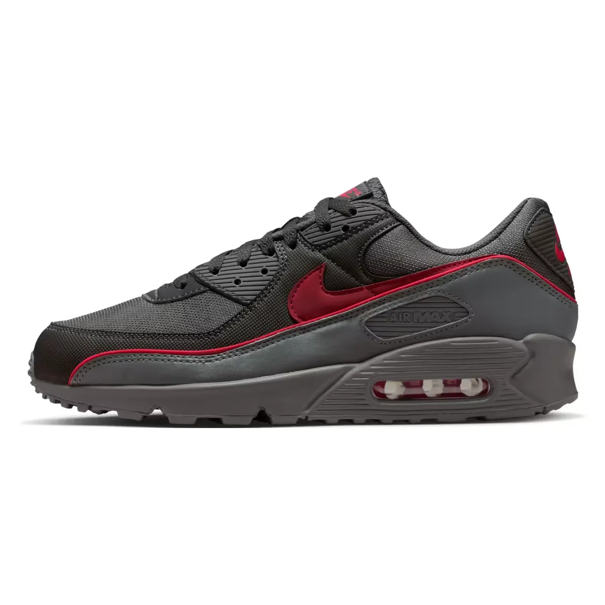 Кроссовки Nike Air Max 90 Premium «Iron Grey University Red» сочетают в себе серый цвет и красные детали